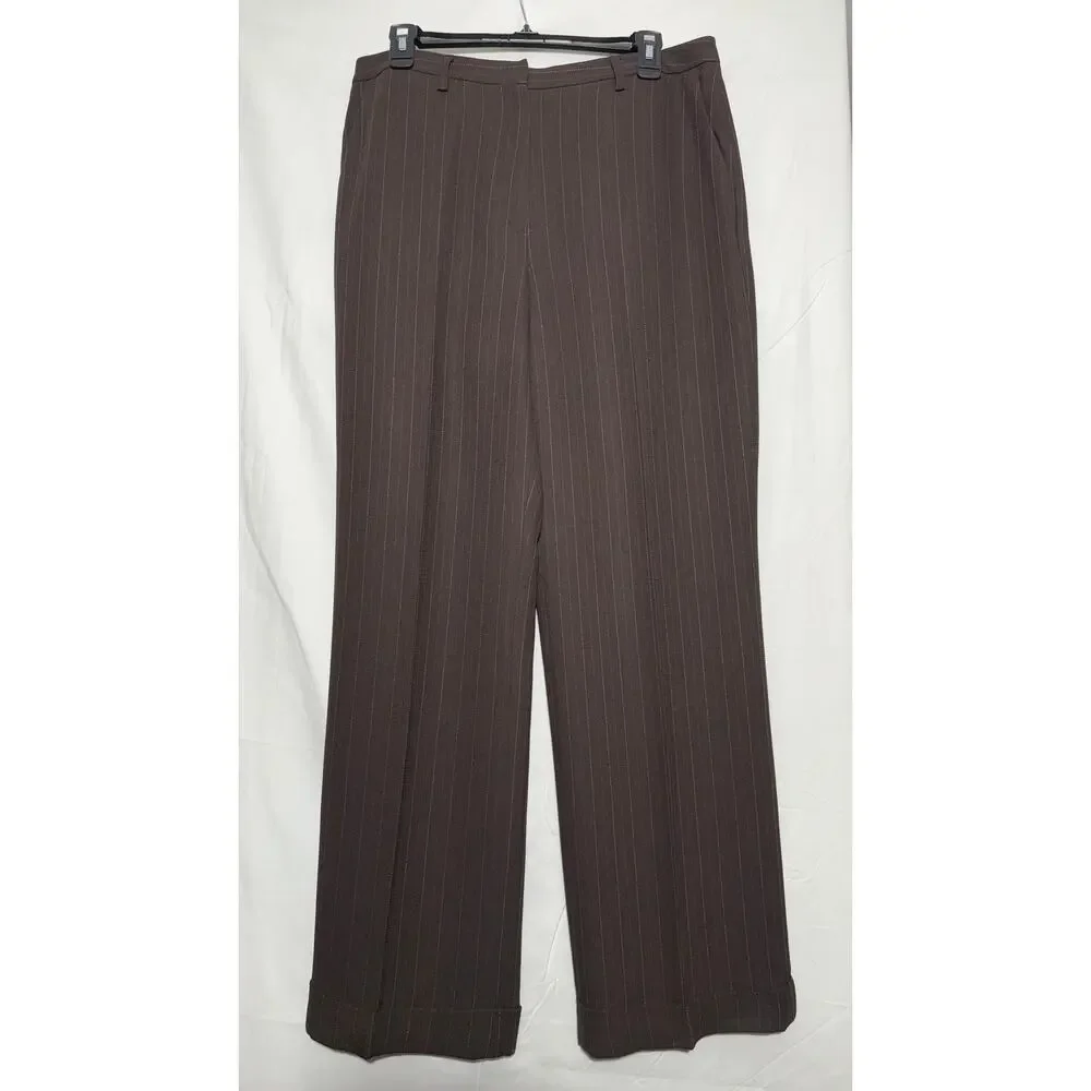 Dress Pants Women 10 Brown Pinstripe Cuff Hem Trouser Casual Corner